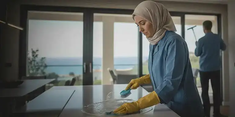 Mersin temizlik şirketleri arasında profesyonel hizmet sunan Bi Temizlik ekibi, hijyenik temizlik yaparken.