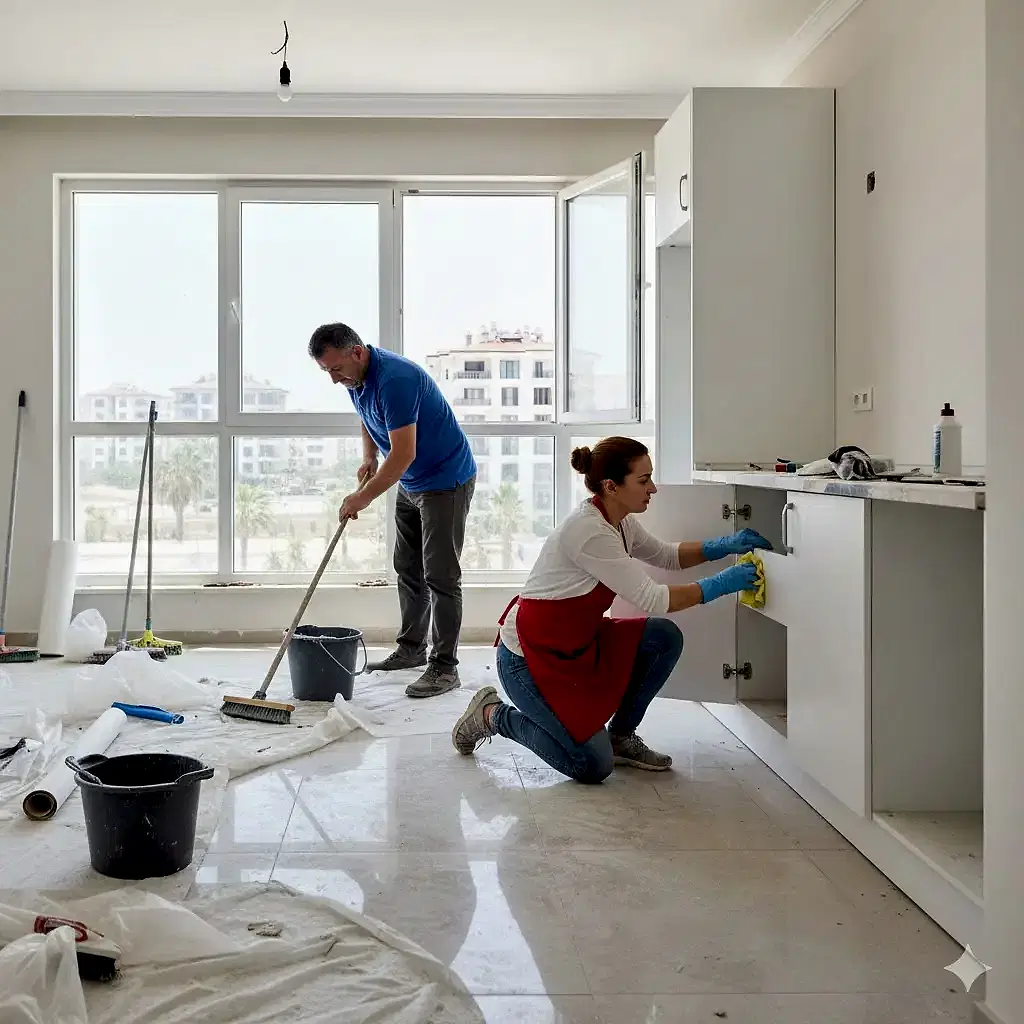 Mersin inşaat sonrası temizlik ekibi, yeni binada toz ve moloz temizlerken.