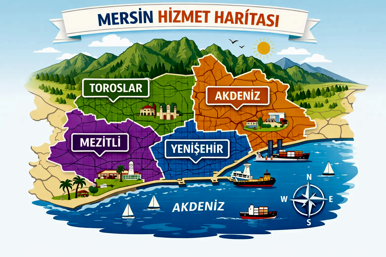 Mersin temizlik şirketi hizmet haritası; Yenişehir, Mezitli, Toroslar ve Akdeniz bölgelerinde profesyonel temizlik hizmeti
