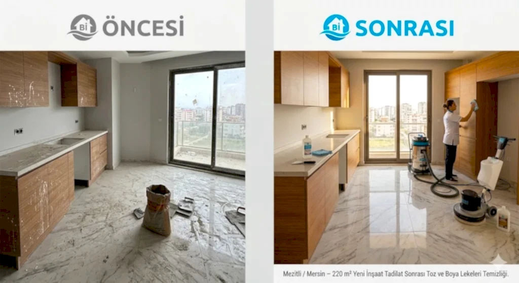 Mersin Mezitli'de 220 m2 villa tipi dairede inşaat sonrası toz ve boya lekesi temizliği öncesi sonrası karşılaştırması - Bi Temizlik Uzman Kadro